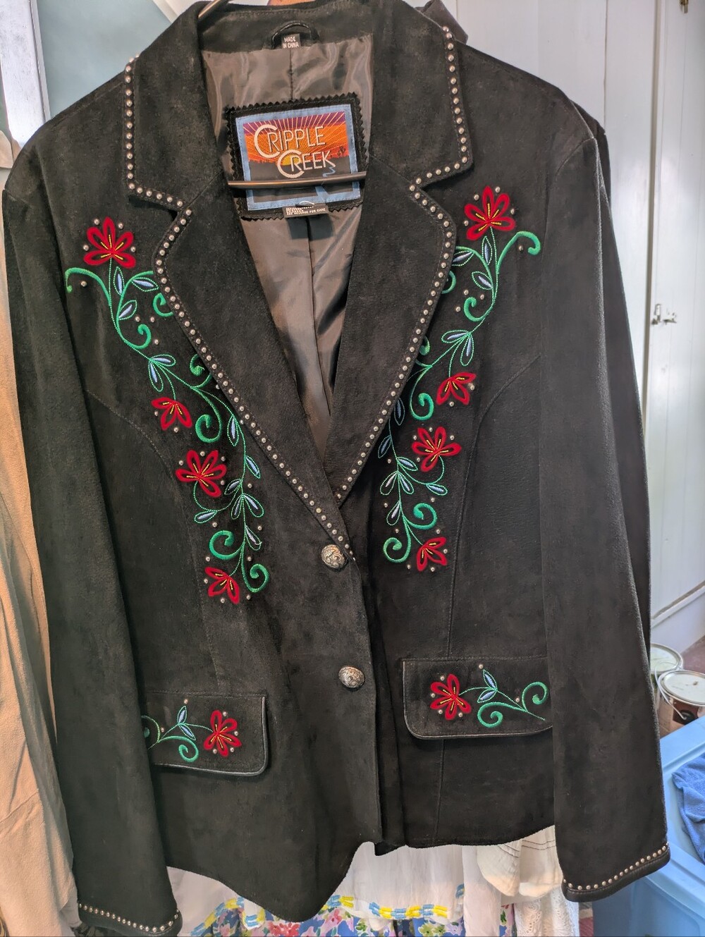Cripple Creek Black Suede Floral Embroidered Jacket XXL